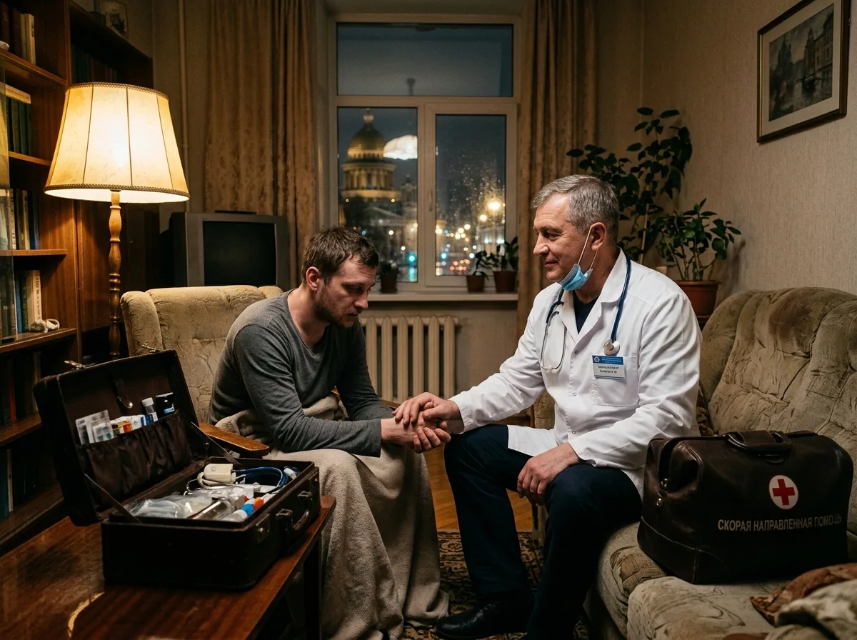 Врач-нарколог в белом халате приезжает на вызов к пациенту дома в Санкт-Петербурге, ночная обстановка, доверие, медицинский чемодан